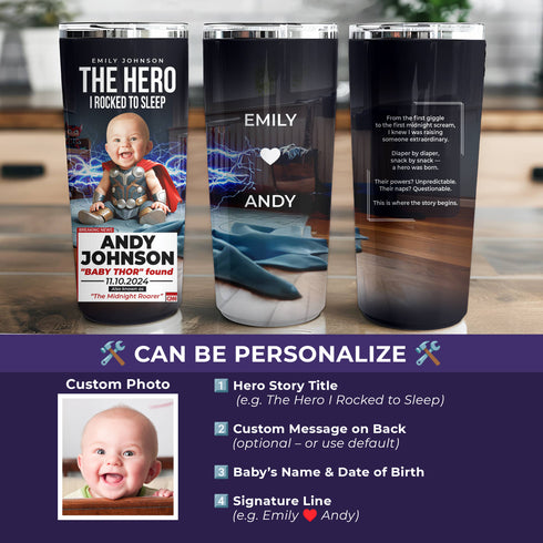 Personalized "The Hero I Rocked to Sleep" Baby Thor Tumbler – Custom Name, Date & Message